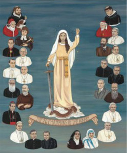 Los 26 "campeones del Rosario", según el padre Calloway (en la imagen de la izquierda):  Santo Domingo Guzmán, San Pío V, San Luis María Grignon de Montfort, San Antonio María Claret, León XIII, Pío XII, San Juan XXIII, Joseph Kentenich, San Pío de Pietrelcina, Fulton Sheen, Beato Pablo VI, San Josemaría Escrivá y Patrick Peyton; en la columna de la derecha, Beato Alan de la Roche, San Alfonso María de Ligorio, Beato Pío IX, Beato Bartolo Longo, Pío XI, Dolindo Ruotolo, Beato Santiago Alberione, Frank Ruff, San Maximiliano Kolbe, Benedicto XVI, San Juan Pablo II, Santa Teresa de Calcuta, Sor Lucía.   Traducción al español de Carmelo Arias en Cari Filii